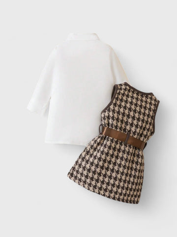 2 Pc Baby Girl Thick Houndstooth Vest & Blouse Dress