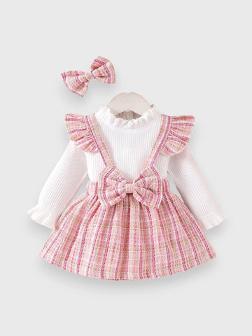 3 Pcs Baby Girl Suspender Skirt Tweed Set