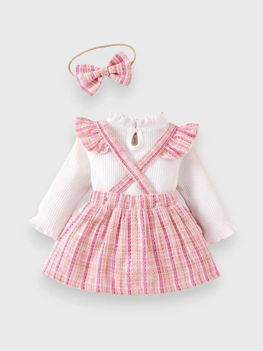 3 Pcs Baby Girl Suspender Skirt Tweed Set