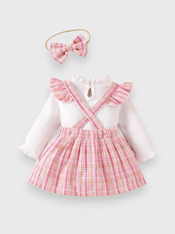 3 Pcs Baby Girl Suspender Skirt Tweed Set