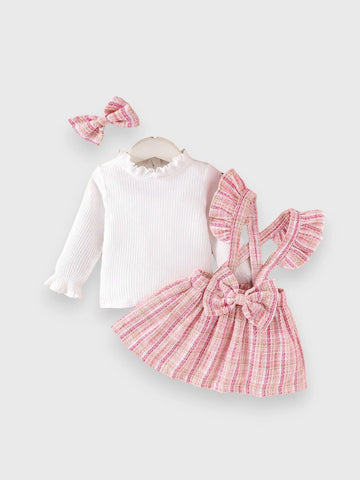 3 Pcs Baby Girl Suspender Skirt Tweed Set