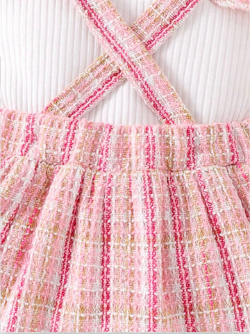 3 Pcs Baby Girl Suspender Skirt Tweed Set