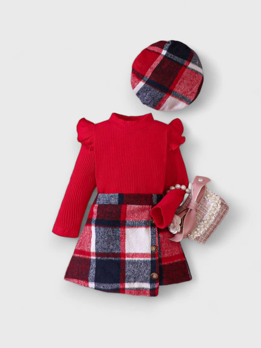 3 Pc Girl Plaid Flannel Skirt Beret Hat Set