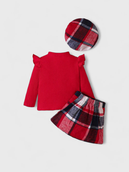 3 Pc Girl Plaid Flannel Skirt Beret Hat Set