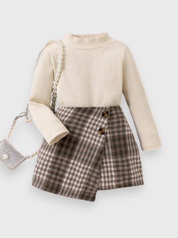 2 Pc Baby Girl Mock Neck with Plaid Skirt