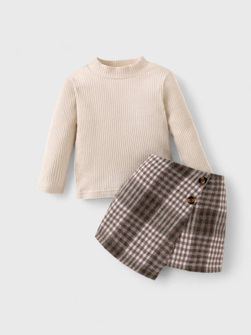 2 Pc Baby Girl Mock Neck with Plaid Skirt