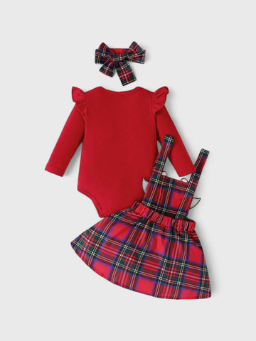 3 Pc Reindeer Patch Plaid Pinafore Dress