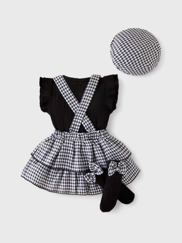 4 Pcs Baby Girl Houndstooth Ruffle Skirt Set