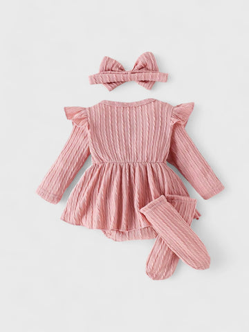 3 Pc Baby Girl Cable Knit Bodysuit Set