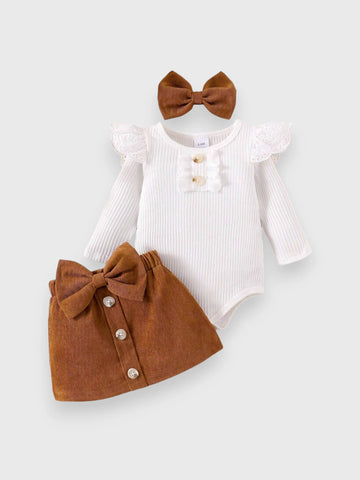 3 Pc Baby Girl Big Bow Corduroy Set