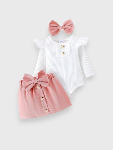 3 Pc Baby Girl Big Bow Corduroy Set