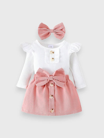 3 Pc Baby Girl Big Bow Corduroy Set