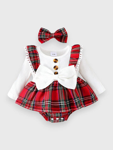 2 Pc Baby Girl Plaid Bodysuit Dress with Headband