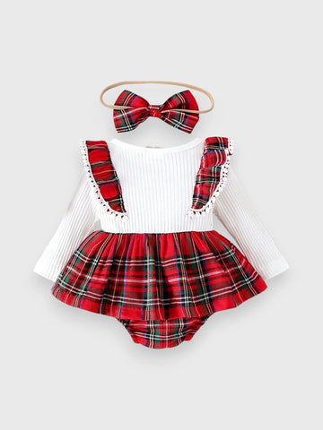 2 Pc Baby Girl Plaid Bodysuit Dress with Headband