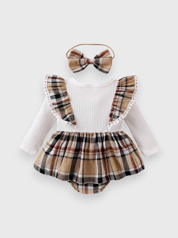 2 Pc Baby Girl Plaid Bodysuit Dress with Headband