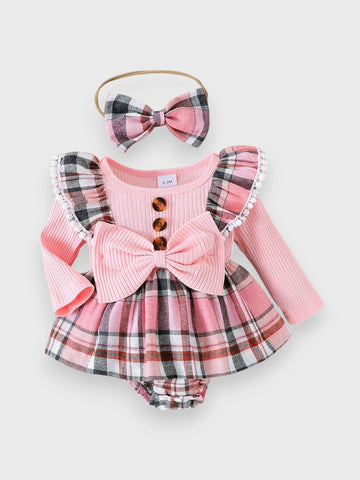 2 Pc Baby Girl Plaid Bodysuit Dress with Headband