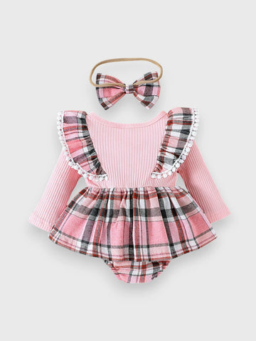 2 Pc Baby Girl Plaid Bodysuit Dress with Headband