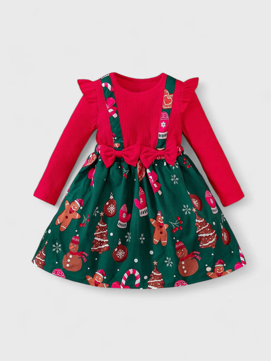 2 in 1 Girl Faux Suspenders Christmas Dress