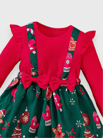 2 in 1 Girl Faux Suspenders Christmas Dress