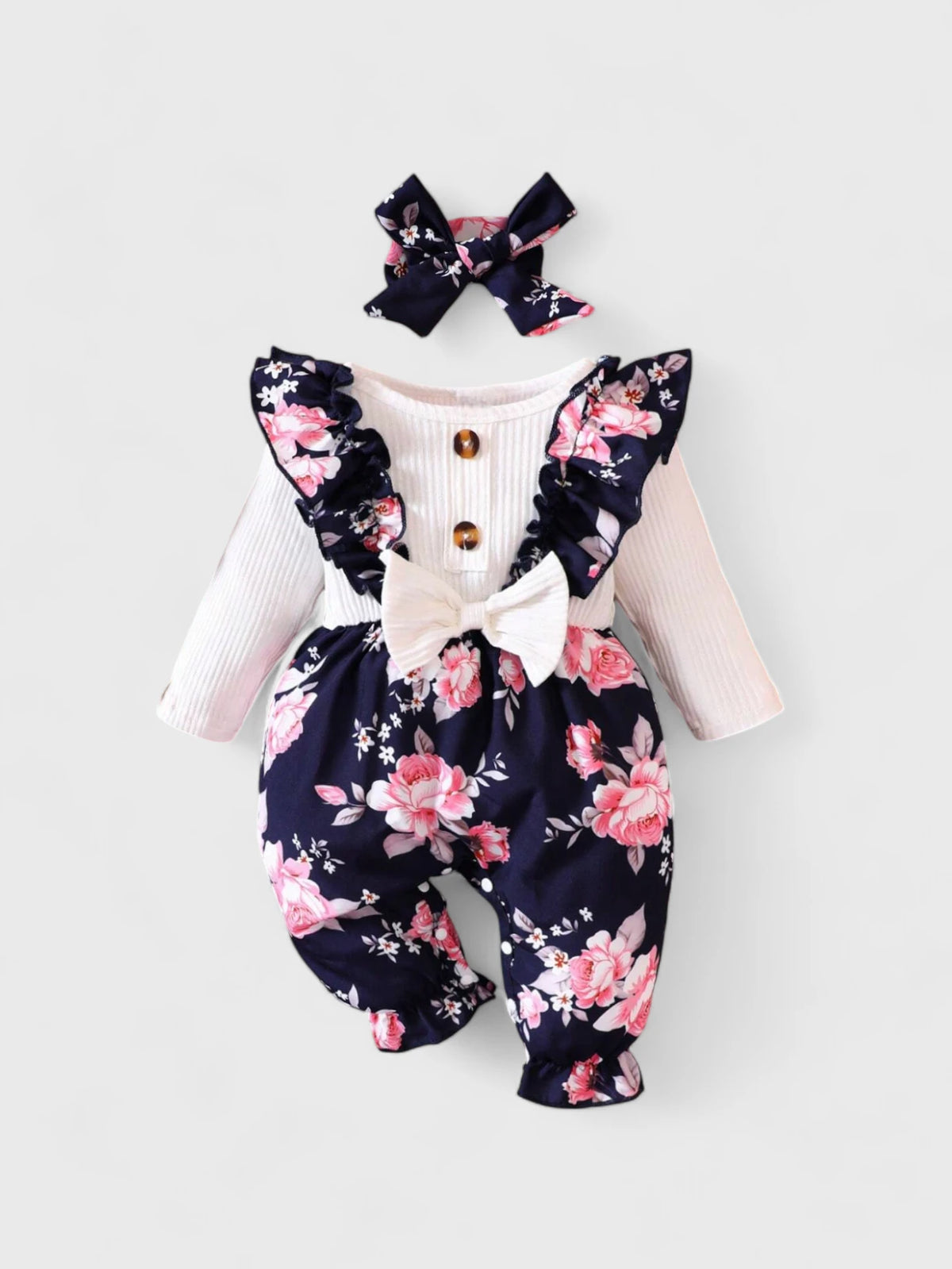 Baby Girl Flower Ruffle Jumpsuit with Headband