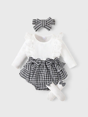 3 Pcs Baby Girl Houndstooth Bodysuit Socks set