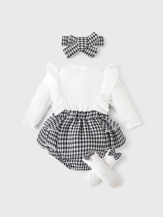 3 Pcs Baby Girl Houndstooth Bodysuit Socks set