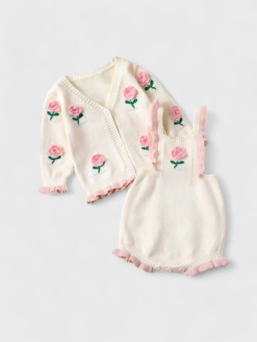 2 Pc Baby Girl Knit Romper with Flower Cardigan