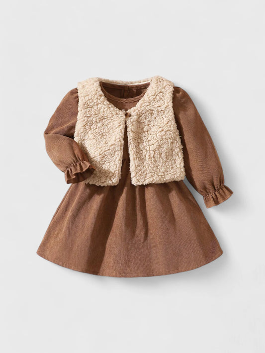 2 Pc Baby Girl Corduroy Dress with Sherpa Vest