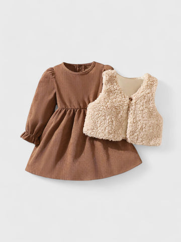 2 Pc Baby Girl Corduroy Dress with Sherpa Vest