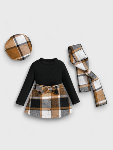 4 Pcs Baby Girl Autumn Plaid Outfit with Scarf and Beret