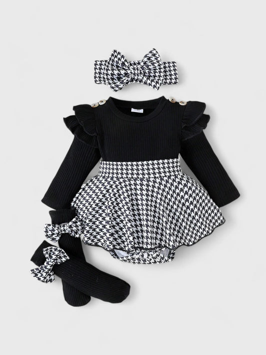 3 Pcs Baby Girl Houndstooth Bodysuit Socks set