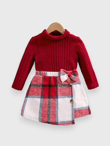 2 Pcs Toddler Turtle Neck Plush Shirt with Plaid Skirt