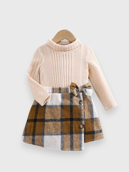 2 Pcs Toddler Turtle Neck Plush Shirt with Plaid Skirt