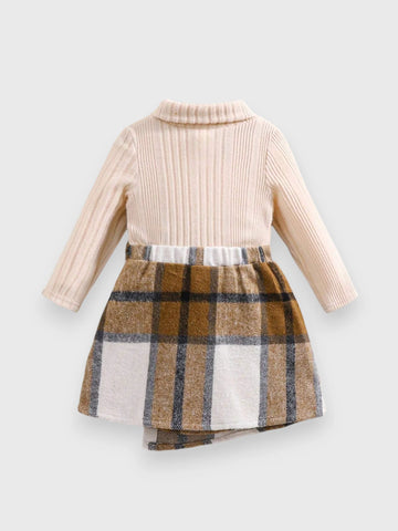 2 Pcs Toddler Turtle Neck Plush Shirt with Plaid Skirt