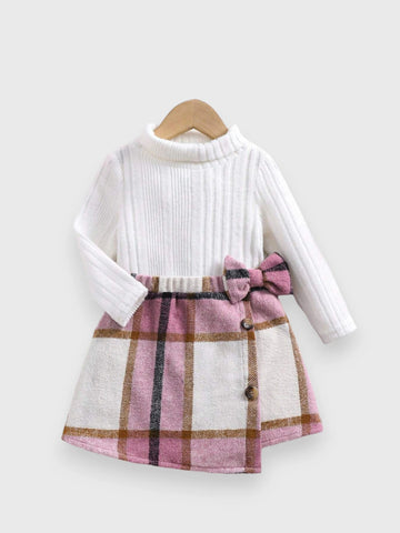 2 Pcs Toddler Turtle Neck Plush Shirt with Plaid Skirt