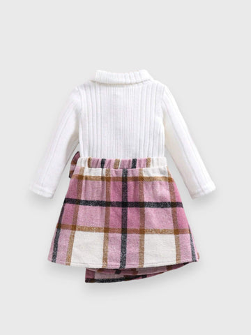 2 Pcs Toddler Turtle Neck Plush Shirt with Plaid Skirt