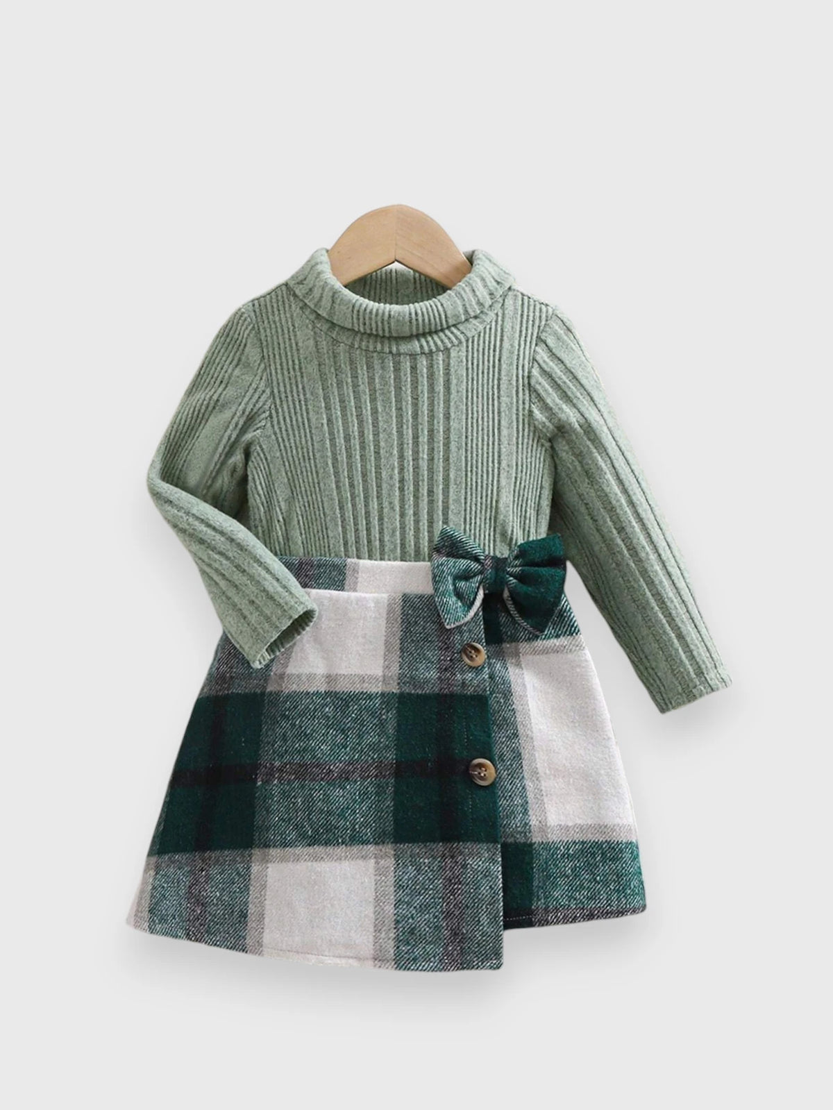 2 Pcs Toddler Turtle Neck Plush Shirt with Plaid Skirt