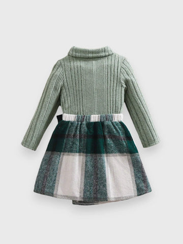 2 Pcs Toddler Turtle Neck Plush Shirt with Plaid Skirt