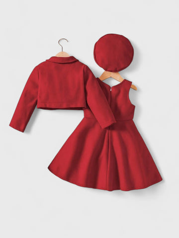 3 Pc Toddler Girls Coat and Dress with Beret Set