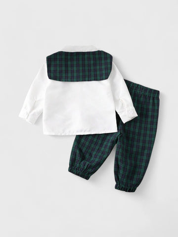 3 Pc Baby Boy Plaid Shawl Pants Set