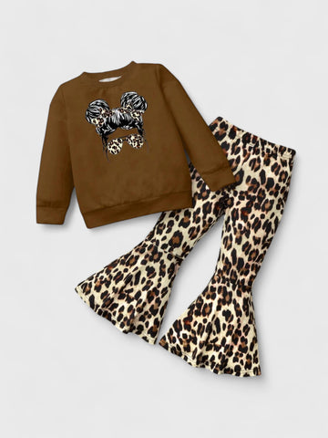 2 Pcs Girl Leopard Sweat Shirt and Bell Bottoms