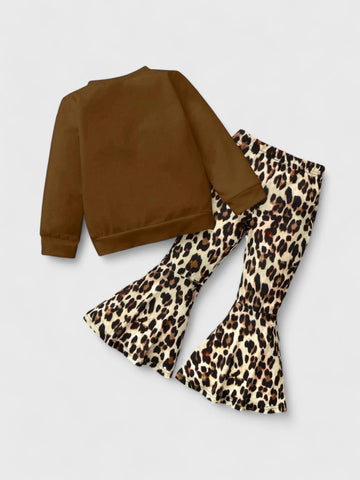 2 Pcs Girl Leopard Sweat Shirt and Bell Bottoms