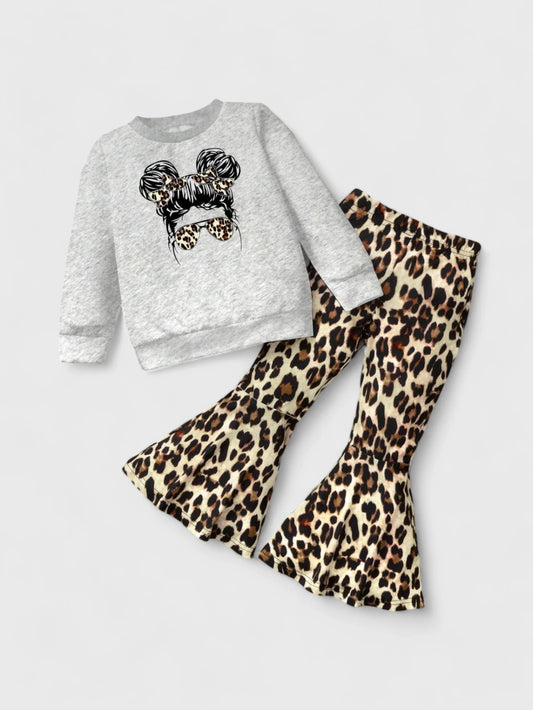 2 Pcs Girl Leopard Sweat Shirt and Bell Bottoms