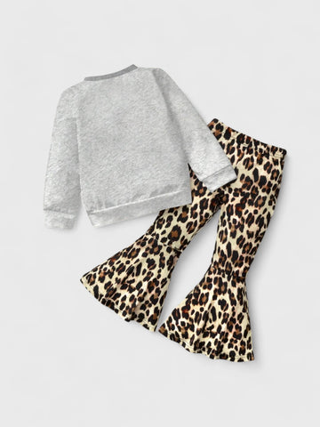 2 Pcs Girl Leopard Sweat Shirt and Bell Bottoms