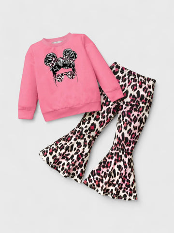 2 Pcs Girl Leopard Sweat Shirt and Bell Bottoms