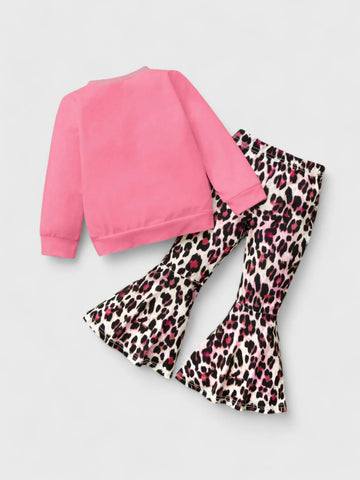 2 Pcs Girl Leopard Sweat Shirt and Bell Bottoms