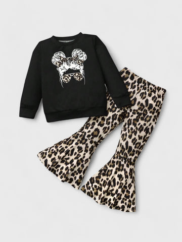 2 Pcs Girl Leopard Sweat Shirt and Bell Bottoms