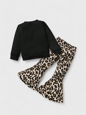 2 Pcs Girl Leopard Sweat Shirt and Bell Bottoms