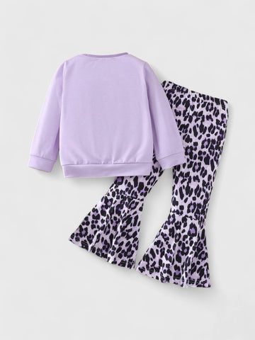 2 Pcs Girl Leopard Sweat Shirt and Bell Bottoms