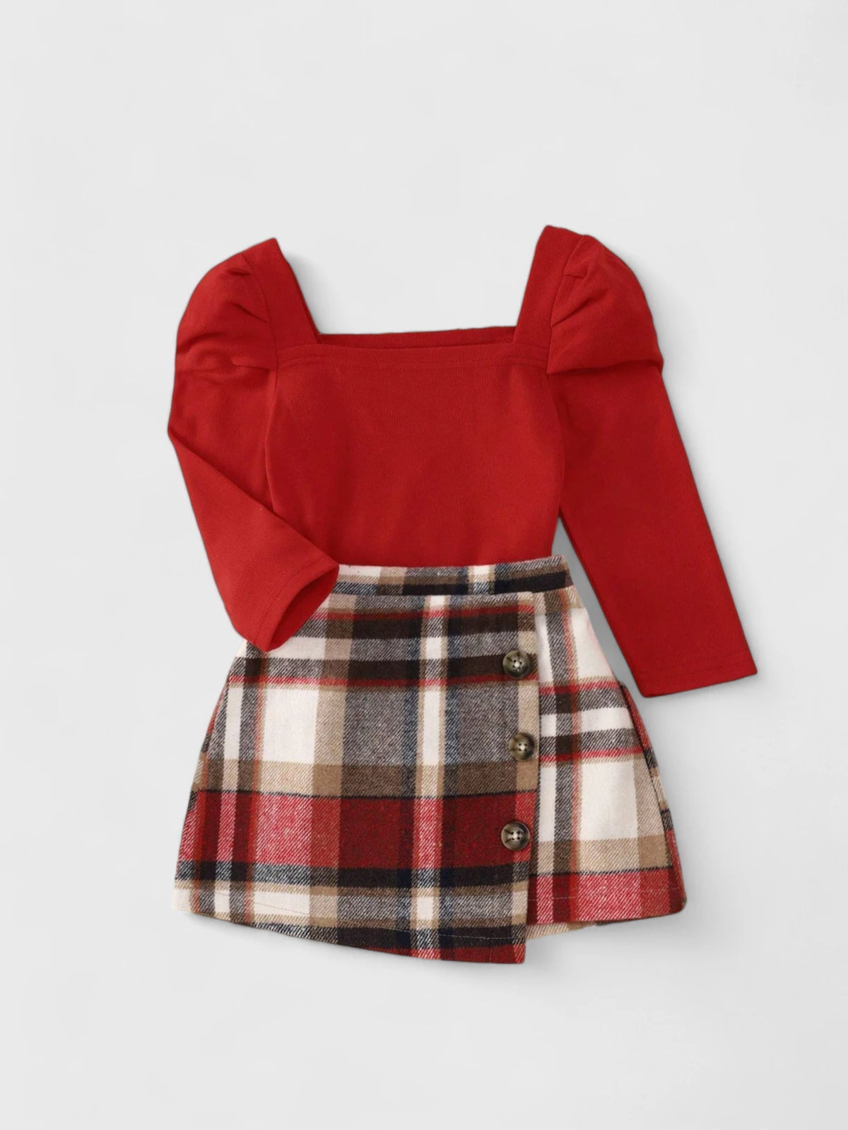 Girls Square Neck Gigot Sleeve Top with Plaid Skirt